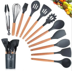 11-Piece Silicone Kitchen Utensil Set with Wooden Handle