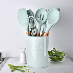 11-Piece Silicone Kitchen Utensil Set with Wooden Handle