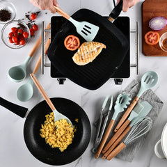 11-Piece Silicone Kitchen Utensil Set with Wooden Handle