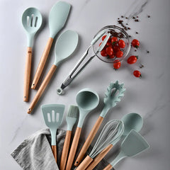11-Piece Silicone Kitchen Utensil Set with Wooden Handle