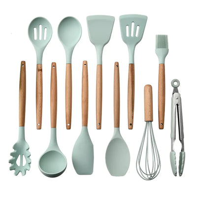 11-Piece Silicone Kitchen Utensil Set with Wooden Handle