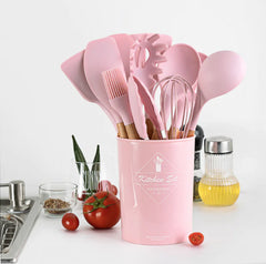 11-Piece Silicone Kitchen Utensil Set with Wooden Handle