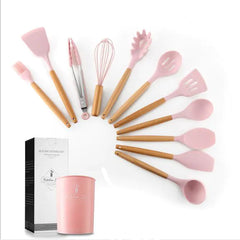 11-Piece Silicone Kitchen Utensil Set with Wooden Handle