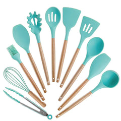 11-Piece Silicone Kitchen Utensil Set with Wooden Handle